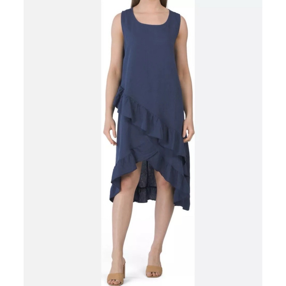 Cristina Vergani Italy Linen Blend Dress L Navy Blue Ruffle Asymmetric Lagenlook